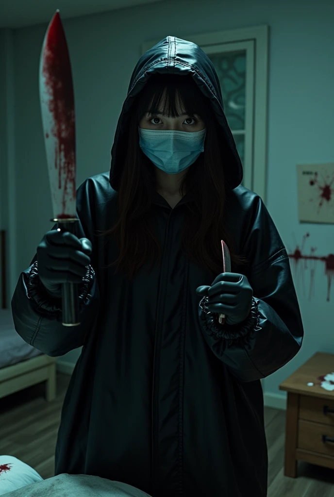 korean girl, (behind corpse, surgical mask), holding knife, stabbing, black gloves, room full of blood, black raincoat, plump, hood up, holding knife, black gloves, behind corpse, blood splatter, bondage, long bangs, bed room, looking at viewer, black wet suit, night, mass murderer, killer, robbery, dark atmosphere, cinematic lighting, atmospheric realistic, light from the window close-up,