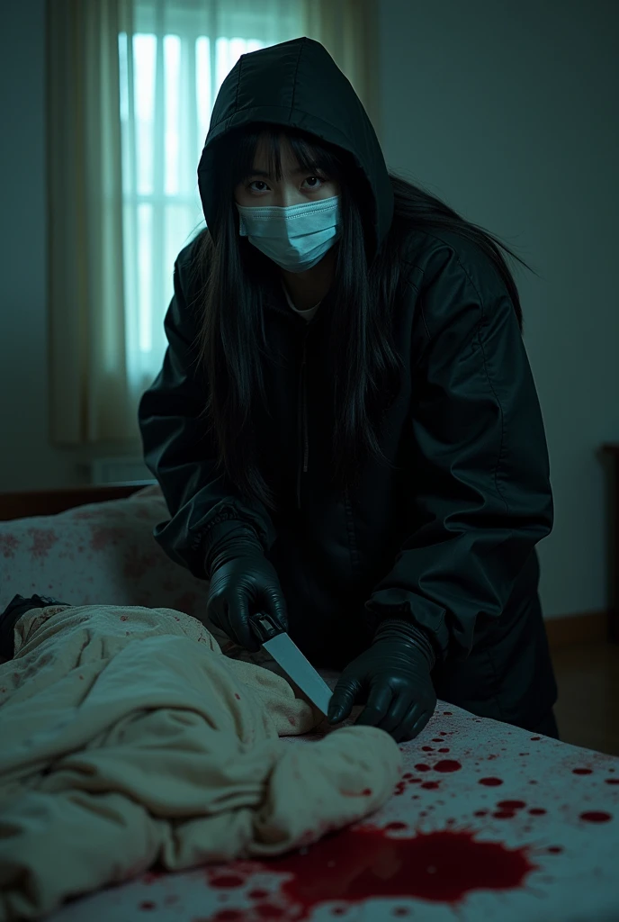 korean girl, (behind corpse, holding knife), balaclava, black gloves, room full of blood, black raincoat, hood up, holding knife, black gloves, woman on top, behind corpse, blood splatter, on the bed, mass murderer, killer, long bangs, blood splatter, dark atmosphere, cinematic lighting, atmospheric realistic,