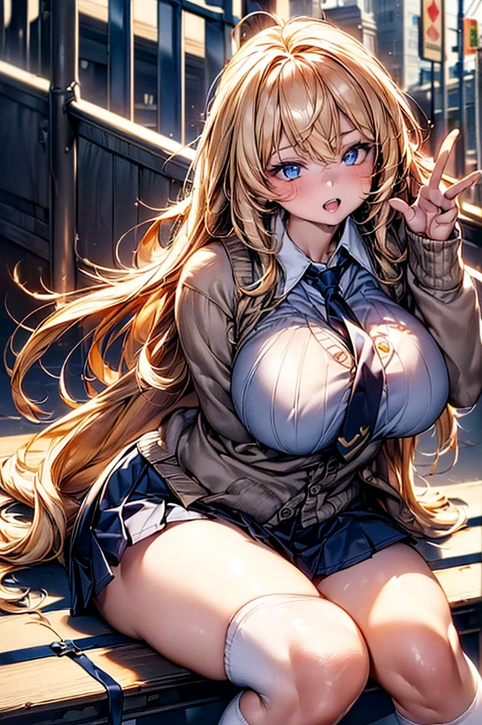 Browsing Caution,(((Waving and looking at me,Sitting on the guardrail))),​(Highest quality, 8k, masterpiece:1.3,beautiful girl), (Very detailed)Glowing Skin,(((Long Hair,blonde,Beautiful Hair))),(Perfect Anatomy, Anatomically correct, Very detailed肌),((Golden Eyes)),((Perfect Fingers,Five Fingers)),((Light blue collared shirt, Navy pleated mini skirt, socks, Navy tie, Light brown cardigan, White knee socks)),Pink Panties,  Knee-high socks,Knee-high socks on both feet,Double teeth,(((Heart symbol on eye))),Big Breasts,Big Ass,In front of the station,noon,