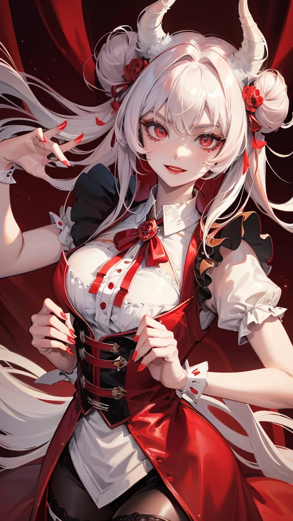 1 girl, anime, masterpiece, best quality, intricate details, futuristic setting, red and white hair, soft smirk, elegant, maid uniform, demon horns, bun, spiked bracelets, red lipstick, gothic aesthetic