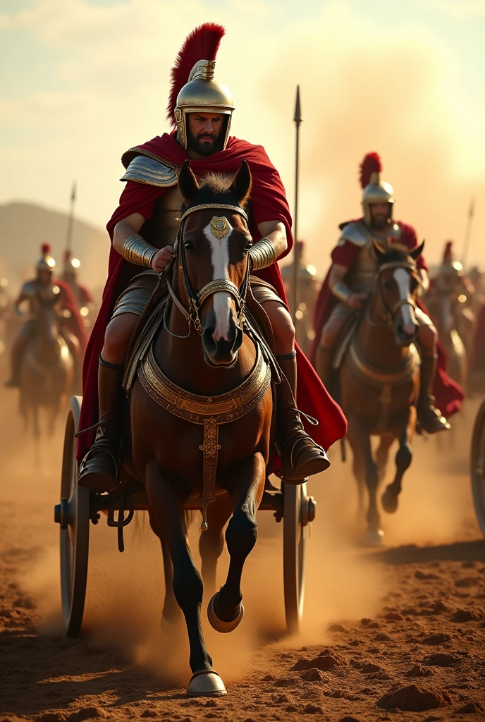 Top quality, high resolution, Roman chariot battle chariot used in ancient warfare, running around in battle, glossy, sharp focus, photo,