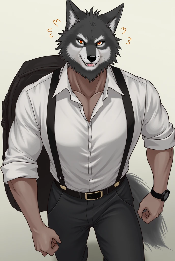 Wolf, muscular, shirt, 1 boy, white shirt, Upper Body, Male focus, collared shirt, , Big Bag, Look at me, Suspenders, Chest muscles, Roll up your sleeves, watch, watch, Wolf ears, beard, blush, Sweat black and white stripes, Collar dog, Sweating, Smiley Face, Handsome, View from directly below, Kneel down