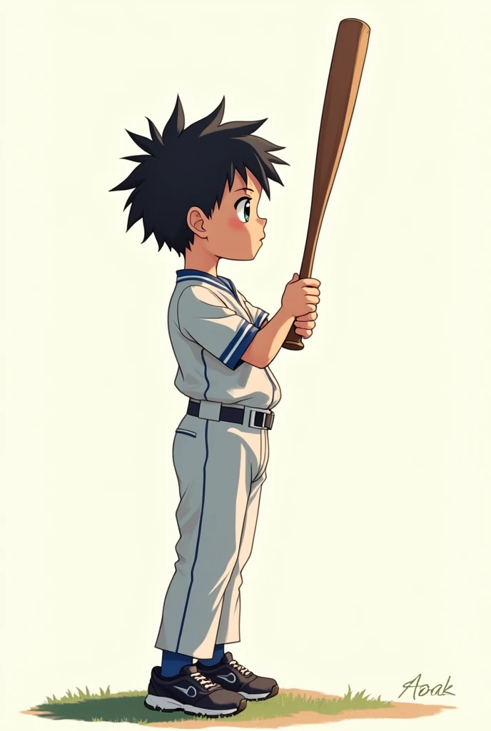 Profile of a boy holding a bat。Side view illustration。Bat high、Hold it next to your face。Hold the bat to the side。Fly Higher。Japanese anime-style illustrations。The face is turned to the side、The body is facing forwardいる。Turn your body more forward。Keep your face sideways。Side view version。The body is facing forward