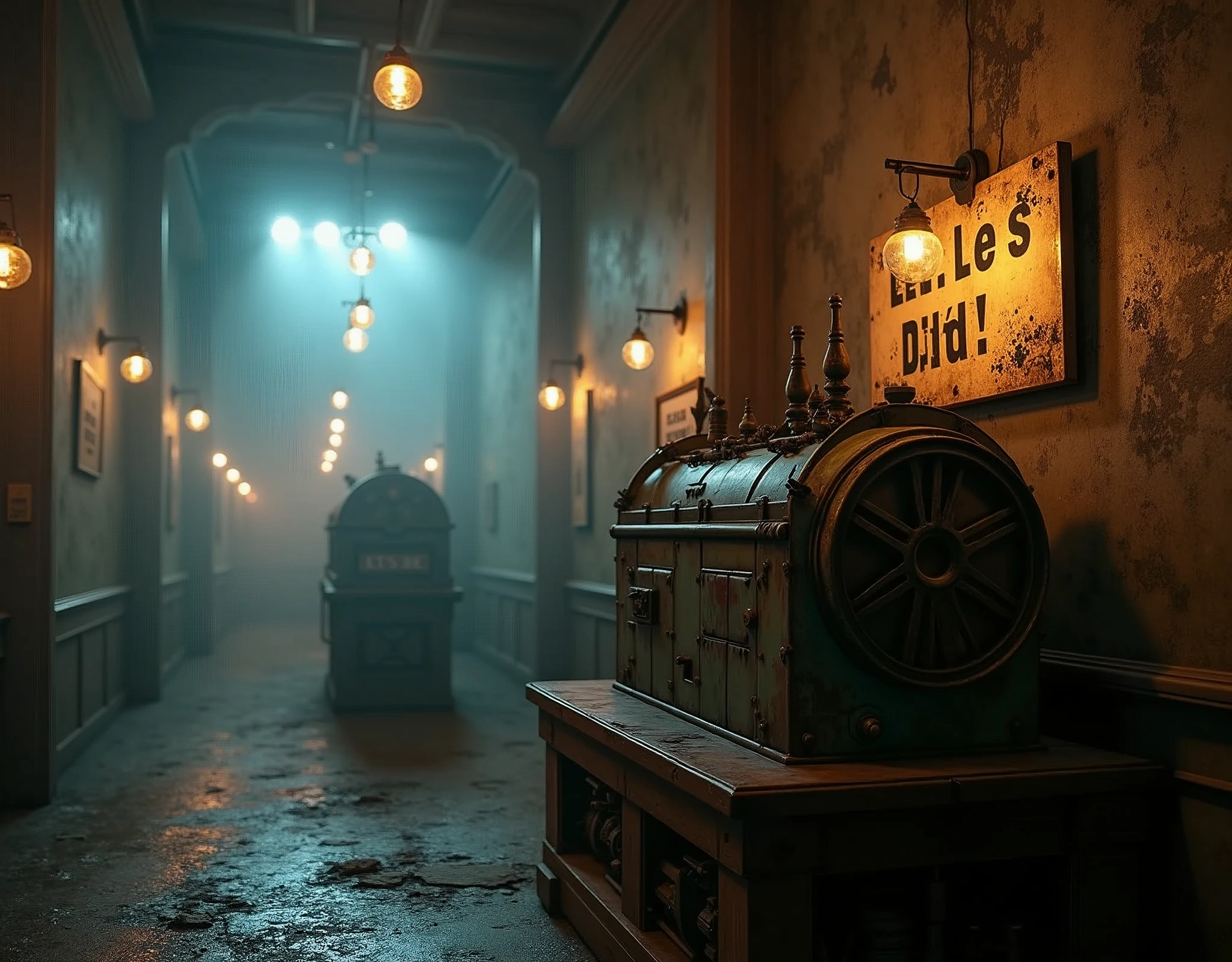 (photo:1.2) of a museum display showcasing a machine to torture men to death solving overpopulation. (A weathered sign pleads "Let's die!" :1.5). Masterpiece, best quality, 8K, photo realistic, wallpaper, wallpaper 8k, photographic contest winner, Hyperrealistic art cinematic film still photography in the style of detailed hyperrealism photoshoot. [Entire scene is surrounded by lights, evoking a magical and eerie atmosphere. The lighting is bright and atmospheric, with smoke adding a touch of sinister ambiance. Best quality image, HDR enhancement, showcasing the utmost level of detail and realism, full body shot:1.5]. [8K, Best Quality, Ultra High Resolution, (highly detailed CG unity 8k wallpaper), (best photo), (best shadows), isometric 3D, octane rendering, ray tracing, highly detailed, (Best quality, 4K, 8k:1.2), absurdity, ultra detailed, (realistic, photorealistic, photorealistic:1.37), complex parts, HDR, (complex parts:1.12), (hyper detailed, hyper realistic, Soft lighting, spicy:1.2), (complex parts, Hyper detailed:1.15). Blurred foreground. (backlit), masterpiece, high quality, brightness, chromatic aberration, foggy smoke, shadows, contrast, clear sky, (warm hue, warm tone), high details, natural reflections].