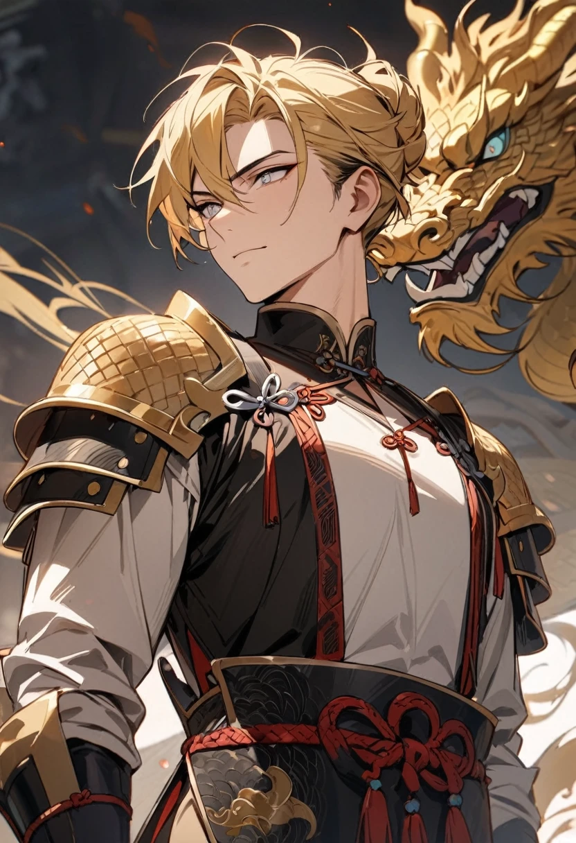 ((best quality)), ((Masterpiece)), (details), young man, golden hair, White eyes , handsome face, Beautiful skin , Traditional Chinese Armor, Chinese Golden Dragon , Black smoke