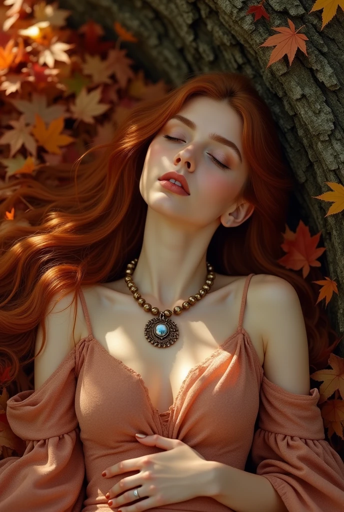 Olena: A 20-year-old with long, flowing reddish-brown hair that cascades down her back, and deep hazel eyes. She wears an elegant, shimmering gown and a distinctive, antique necklace with a circle-shaped pendant. Though poised, she carries an air of vulnerability, as if caught between worlds.
Composition: Olena is sleeping peacefully under a large maple tree. The tree's red and gold leaves gently rustle in the breeze, with sunlight filtering through to cast soft shadows on her. She lies on a bed of fallen leaves, her hands resting on her chest, where the heart-shaped pendant of her necklace is visible. Her expression is calm and serene, as if lost in a dream.