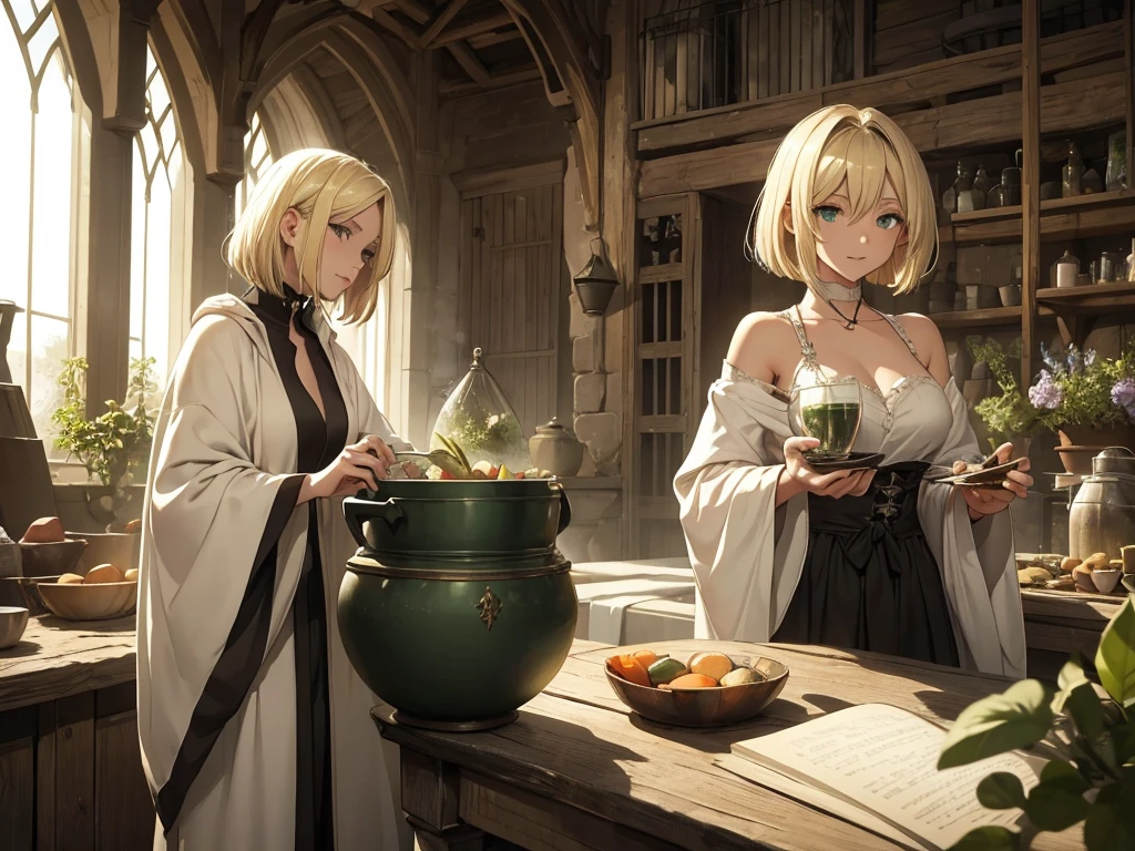 A beautiful blonde bob-haired, poor-looking, green-eyed girl brewing potions in a large black cauldron in a medieval glasshouse., white silk robe, A cheerful and bright atmosphere, Herbs and root vegetables