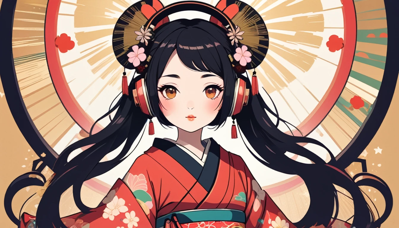Oiran with Japanese style headphones、Black Hair、fan、Wide-angle lens, Lofi Anime, Lofi illustration, Aesthetic atmosphere, Lo-Fi Style, Vector art, Flat Design, Simple shape, Warm tones, Pleasant atmosphere, Chill, In anime style, Digital drawing, Vector art, Vector logo for t-shirt printing, (Adorable:1.5), (small:1.4), (Playful:1.2), (soft:1.3), (Whimsical:1.1), masterpiece, Highest quality, 8k, Intricate details, grow, Celestial, Mysterious, Picturesque, amazing, Majestic, Magic, Fantasy art, Cover art, dream-like