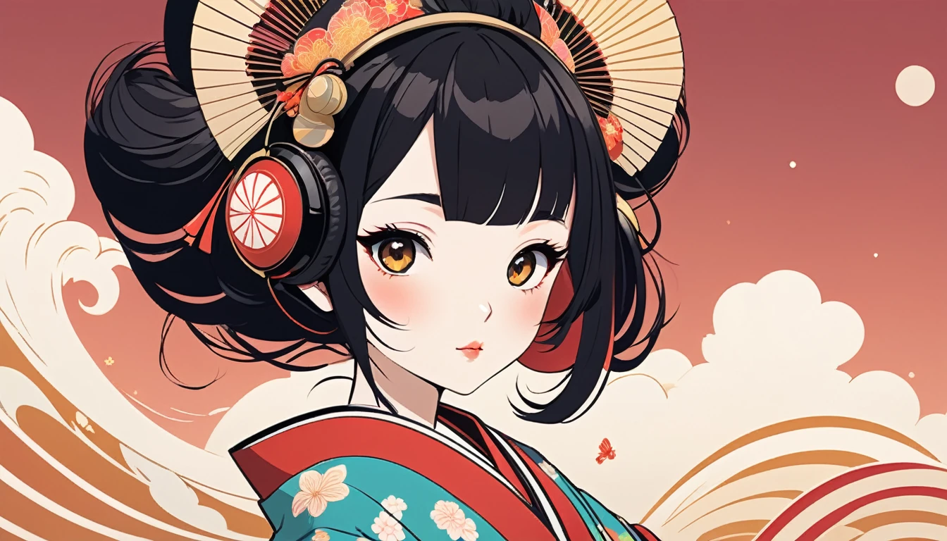 Oiran with Japanese style headphones、Black Hair、fan、Wide-angle lens, Lofi Anime, Lofi illustration, Aesthetic atmosphere, Lo-Fi Style, Vector art, Flat Design, Simple shape, Warm tones, Pleasant atmosphere, Chill, In anime style, Digital drawing, Vector art, Vector logo for t-shirt printing, (Adorable:1.5), (small:1.4), (Playful:1.2), (soft:1.3), (Whimsical:1.1), masterpiece, Highest quality, 8k, Intricate details, grow, Celestial, Mysterious, Picturesque, amazing, Majestic, Magic, Fantasy art, Cover art, dream-like