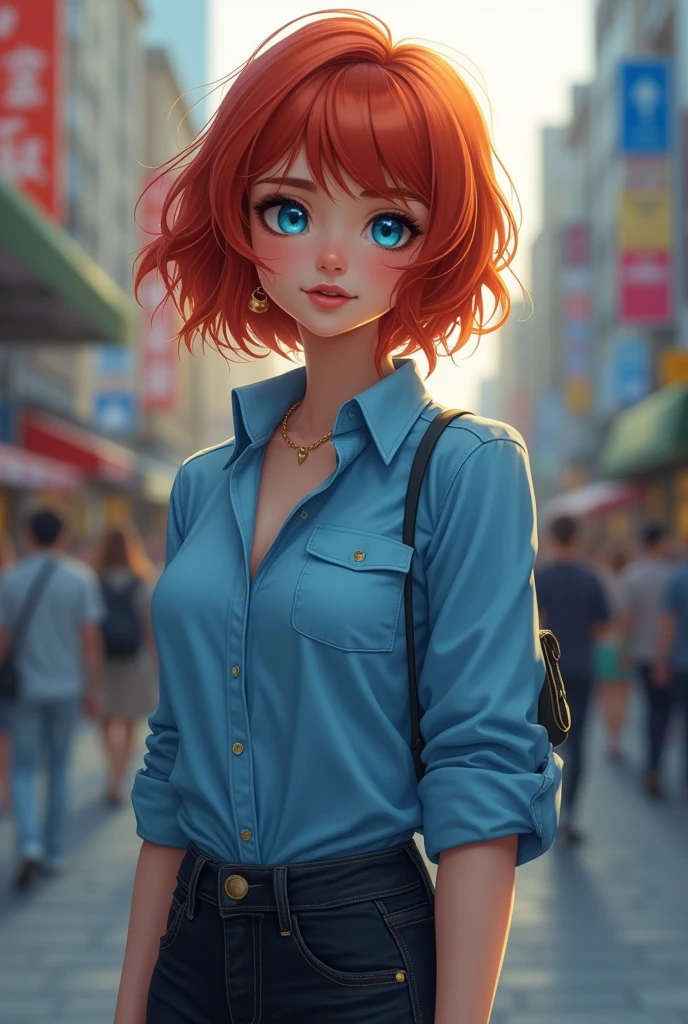 realistic, girl with red hair, short hair, ocean blue eyes, in the city, white , 21 year old, American, blue shirt and black jeans 