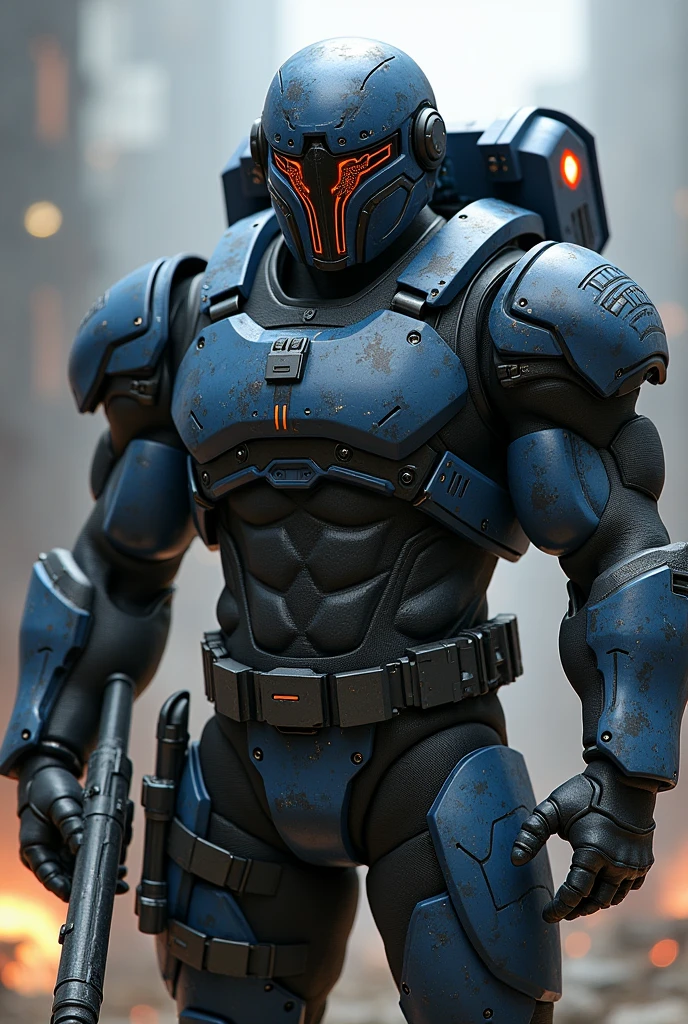 Highly detailed male character of team-based action shooting video game、Job title: Tank、Ice hockey goalkeeper armor、Exquisitely detailed muscular body、Broad shoulders、Thick chest、Developed brachial muscles、Tight waist、Thick thigh muscles、Tactical Helmet、Fierce_Exquisitely detailed masks、Navy blue camouflage color scheme、Futuristic heavy armor、Futuristic Stick、Concept Art、Intricate details、Hyperrealistic、8k、Highest quality、Photorealistic、masterpiece