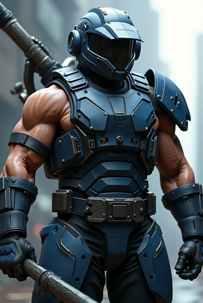 Highly detailed male character of team-based action shooting video game、Job title: Tank、Ice hockey goalkeeper armor、Exquisitely detailed muscular body、Broad shoulders、Thick chest、Developed brachial muscles、Tight waist、Thick thigh muscles、Tactical Helmet、Fierce_Exquisitely detailed masks、Navy blue camouflage color scheme、Futuristic heavy armor、Futuristic Stick、Concept Art、Intricate details、Hyperrealistic、8k、Highest quality、Photorealistic、masterpiece