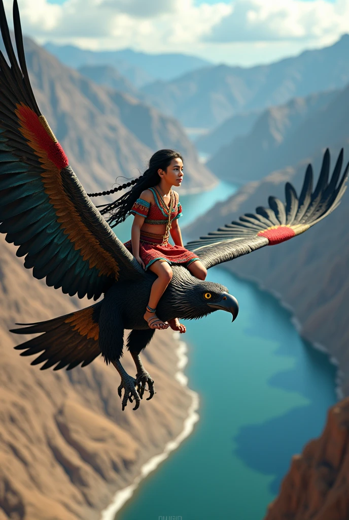 Beautiful multi-colored Andean Condor ridden by its guide, a 9-year-old girl with big eyes and long braided hair, They fly over a vast river
