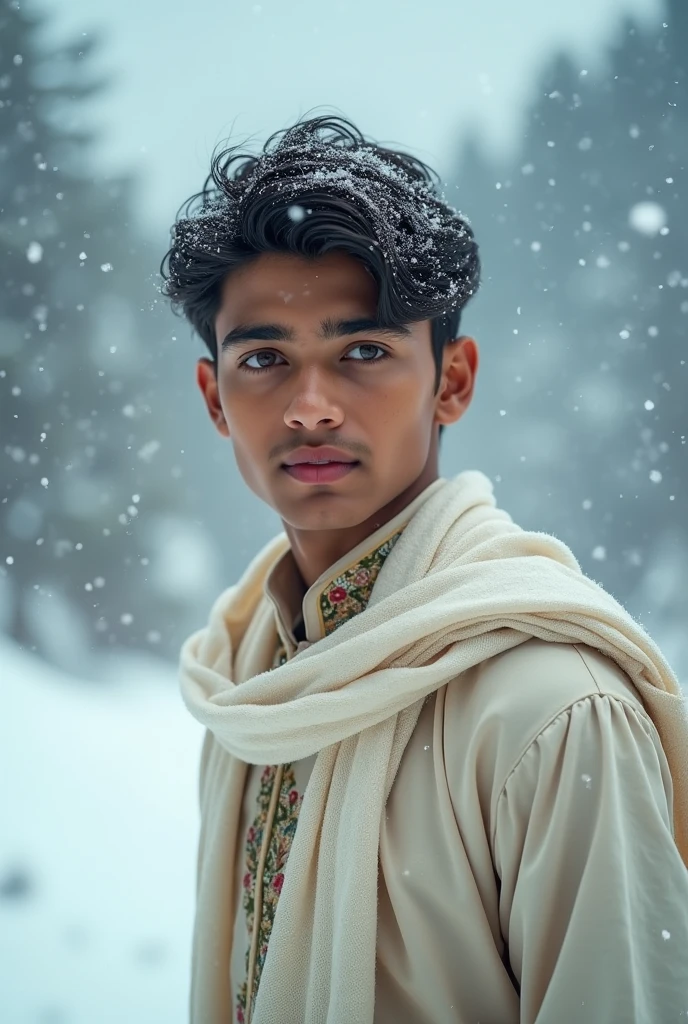 A boy, with white punjabi, flowing white scarf with punjabi, clean shaved, have pinkish dimples, quite tall(6'0), background is jammu kashmir,hair cutting(animal-2023 film, ranbir kapoor 's haircut of "kashmir" song with rashmika mandanna), honey brown expressive eyes, with snowfall background, have sharp jaw but also pink dimples, rosy pink lips,lean body with muscular frame, face is oval shaped,