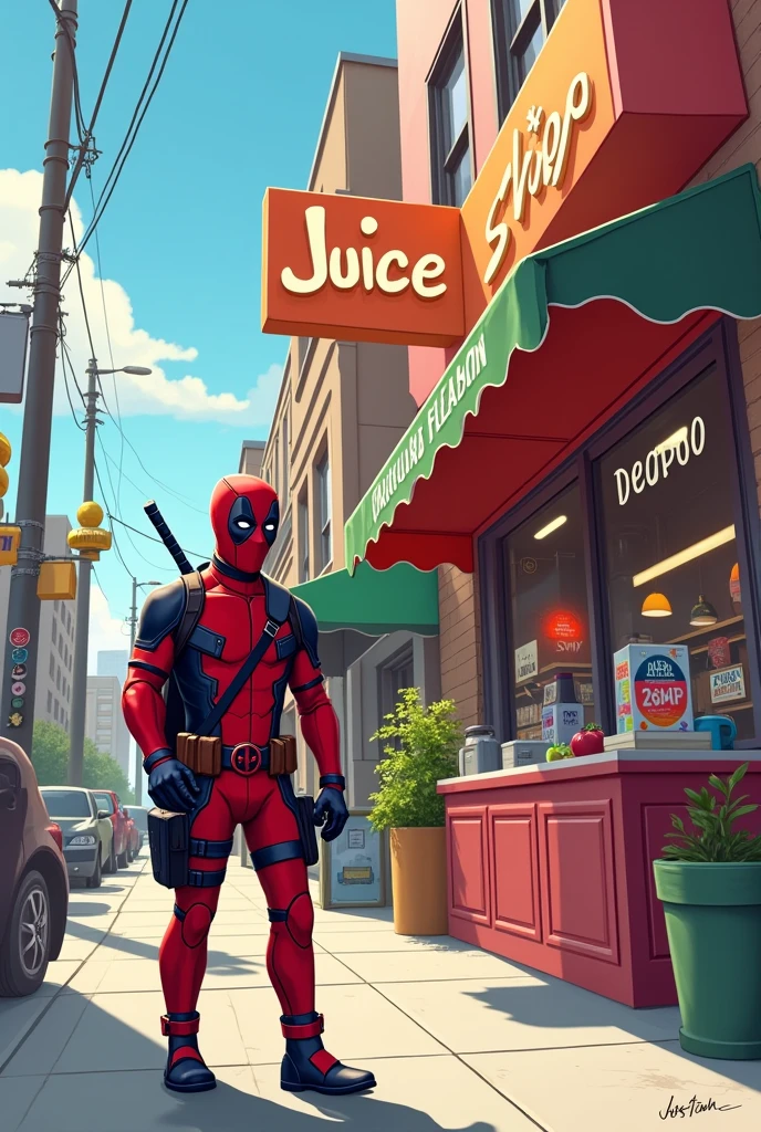 Create a scene where Deadpool is casually walking down a city street during the day, wearing his iconic red and black suit with his usual backpack slung over one shoulder. Deadpool suddenly feels thirsty and stops to check his backpack, only to find that his water bottle is empty. Frustrated but still in good spirits, Deadpool notices a small juice shop nearby. The shop has a bright and inviting sign. Deadpool walks into the juice shop, which has a cozy interior with a few tables and a colorful menu board on the wall. He scans the menu and orders a vibrant pink-colored juice. The juice is served in a clear glass, showing off its bright hue. Deadpool takes his drink and sits down at a table inside the shop, looking satisfied and ready to enjoy his refreshment."