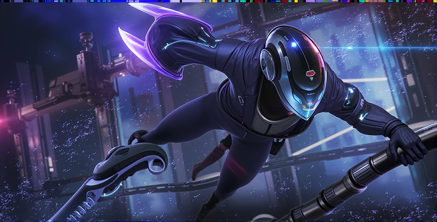 Female ice skater,Wearing a black leather jacket,A futuristic helmet,Glide along the ground,individual,Hyperrealism,Wallpaper quality,Photography style