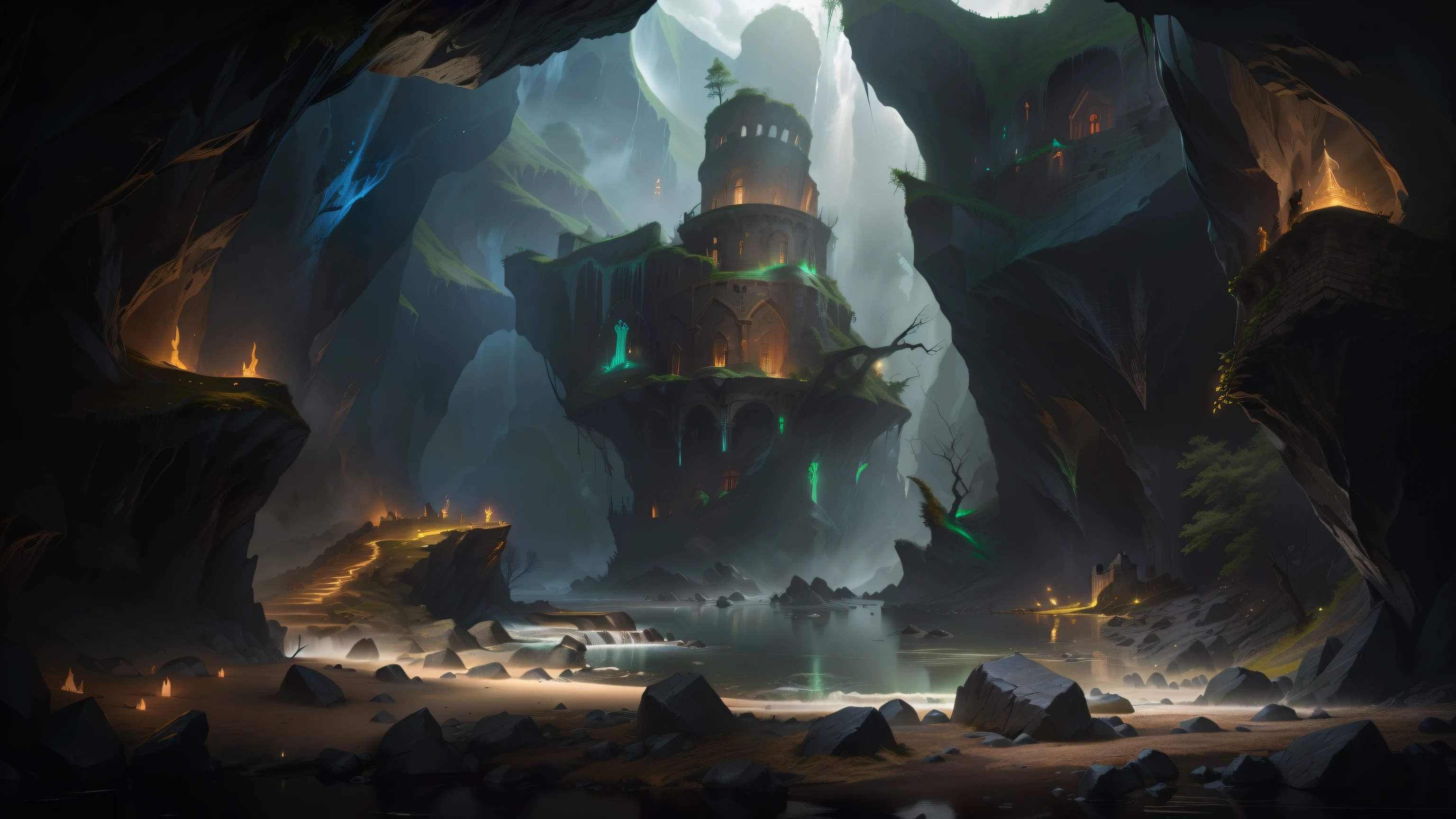 There is a ruined castle in the middle of the cave，（Dragon's Den：1），There is a river next to it, Elf Building,  Height Rendering, 4K ，Diablo concept art，Stylized interface