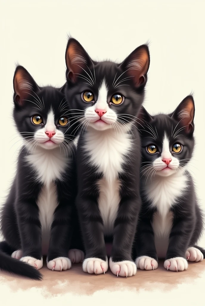 超High resolution, (masterpiece:1.2), Highest quality, High resolution, Awards, Attention to detail,Three kitten brothers looking at me with wide eyes、American Shorthair、Black and White、