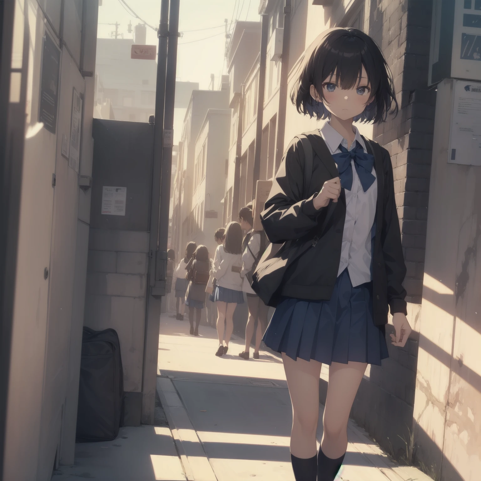 ultra-absurdres-Top quality by artist God, ultra-detailed, high resolution, anime moe artstyle, best anime 8k konachan wallpaper, pixiv contest winner, pool:2810, perfect anatomy,break, 1girl, (Please draw a girl walking sleepily to school alone. )break,(Solo,little female, 13-year-old:1.3),Full limbs, complete fingers,a junior high school student, (very short hair), short cut, flat chest, , small butt, small black eyes, beautiful detailed eyes, well-proportioned iris and pupils, expressive eyes, highres detailed hair, soft expression, salor school_uniform, sailor collar, serahuku, bow, pleated skirt,(Detailed Lighting), (Detailed background), in the School commute route. break,super detailed skin, Best cinematic lighting powered by famous artist, 8k,beauty illustration,photoshop_(medium),very aesthetic,break,((artist:ishikei )), artist:clamp ,artist:carnelian ,artist:kantoku ,

