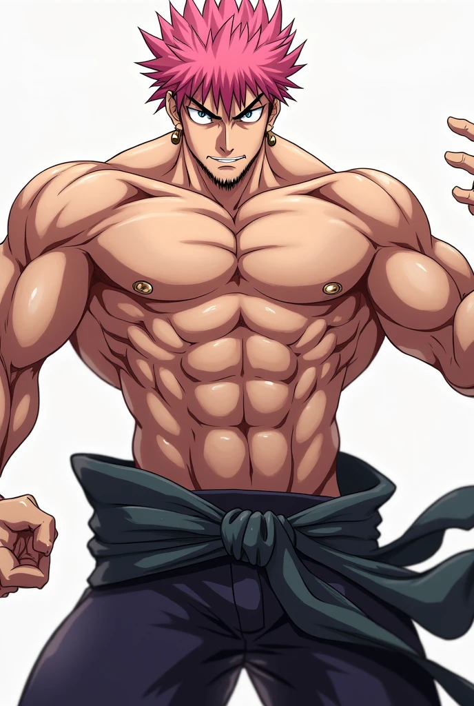 Yuji Itadori, Jujutsu Kaisen, Pink hair, no pants, in combat pose, muscular, defined body, shirtless, abs, big legs, strong legs,