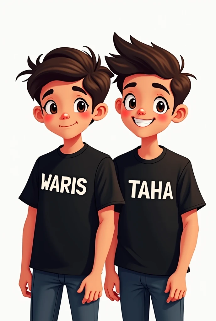An image of two boys wearing black t shirts first one name is waris and second one name is Taha and their names are labelled on their t shirts