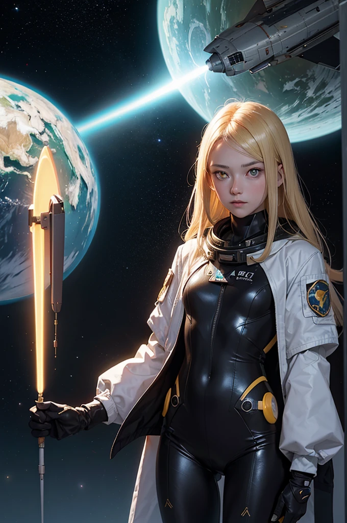 (Young girl, 12 years old, Blonde, Realistic, Pale skin), (yellow (eye:1.2)), (Slim figure:1.3), (fantasy space suit), Beautiful Face, Symmetrical face, Greg Rutkowski, Wlop and Sam Kuvshinov, (Long Hair), Blondeのまつげ, Big Iris, Large pupils, whole body, Standing with the space station in the background, Art Station, 8k, sf, pastel colour, Props, panel, concept, Futuristic, Gribble, Simon Stahlenhag, space, in outer space, a spaceship in the sky, Technical Blocks