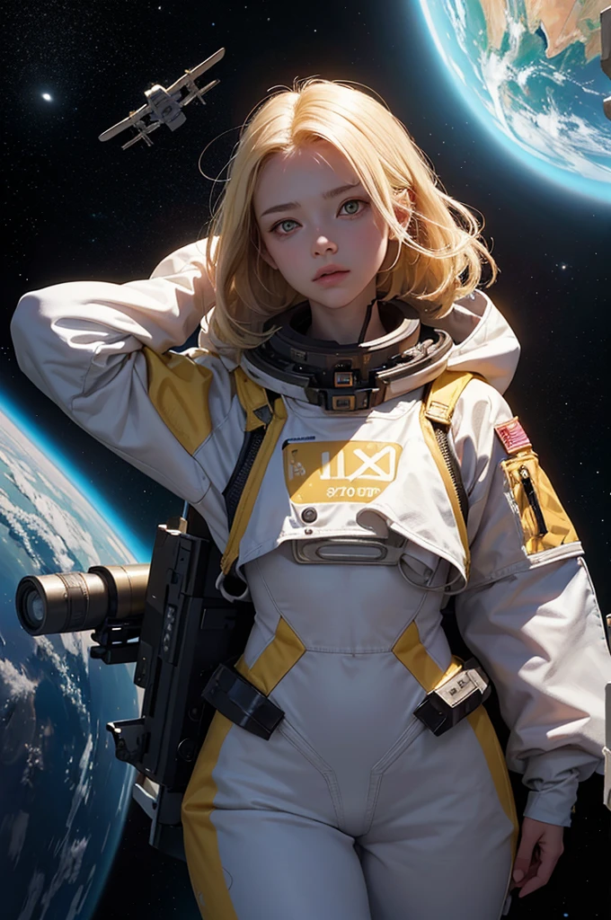 ( girl, 12 yende, Realistic, Pale skin), (yellow (eye:1.2)), (Slim figure:1.3), (fantasy space suit), Beautiful Face, Symmetrical face, Greg Rutkowski, Wlop and Sam Kuvshinov, (Long Hair), Blondeのまつげ, Big Iris, Large pupils, whole body, Standing with the space station in the background, Art Station, 8k, sf, pastel colour, Props, panel, concept, Futuristic, Gribble, Simon Stahlenhag, space, in outer space, a spaceship in the sky, Technical Blocks