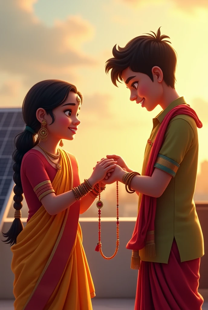 Indian Sister tying rakhi to brother on rooftop with solar panel in background