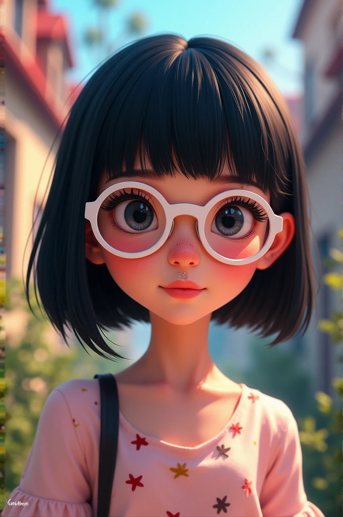 Disney Pixar girl with black straight hair and bangs, slanted eyes, She wears white glasses, a flat nose, a nose piercing, and tattooed eyelashes. 