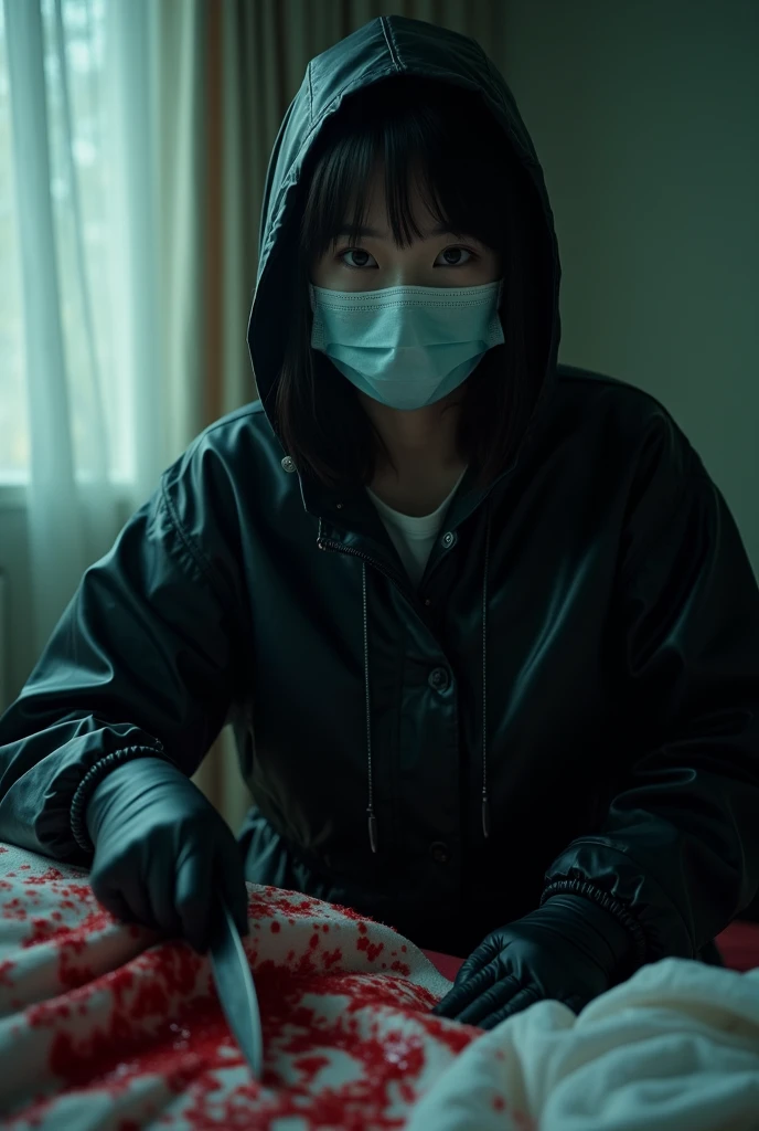 korean girl, (behind corpse, surgical mask), holding knife, stabbing, black gloves, room full of blood, black raincoat, plump, hood up, holding knife, black gloves, behind corpse, blood splatter, bondage, long bangs, bed room, black wet suit, night, mass murderer, killer, robbery, dark atmosphere, cinematic lighting, atmospheric realistic, light from the window close-up,
