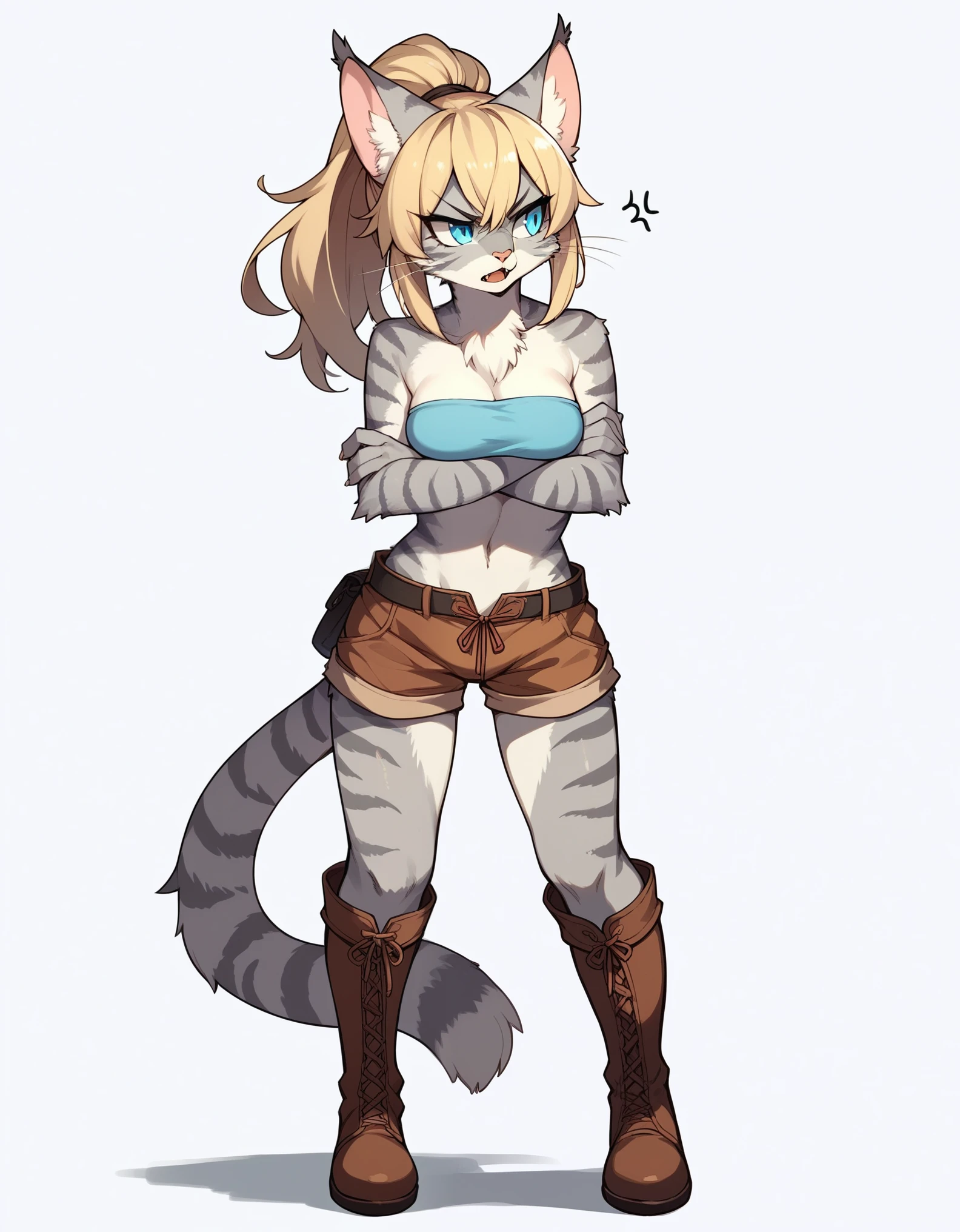 score_9,score_8_up,score_7_up, score_6_up, score_5_up, source_anime, kemono style, Kat, female Anthro furry feline, silver fur, grey stripes on body, blue eyes, long blonde hair, hair in a ponytail, pink nose, :3, she is wearing blue bandeau, brown short shorts, brown boots, arms crossed, annoyed expression, mouth open, standing, (full body shot):1.3, front view, white background, looking to her right