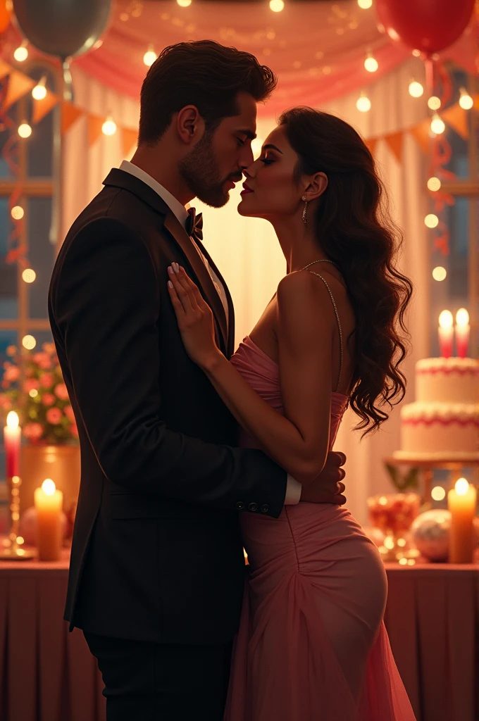Handsome man and beautiful busty woman eachother, woman birthday,cake ,party wear, full body