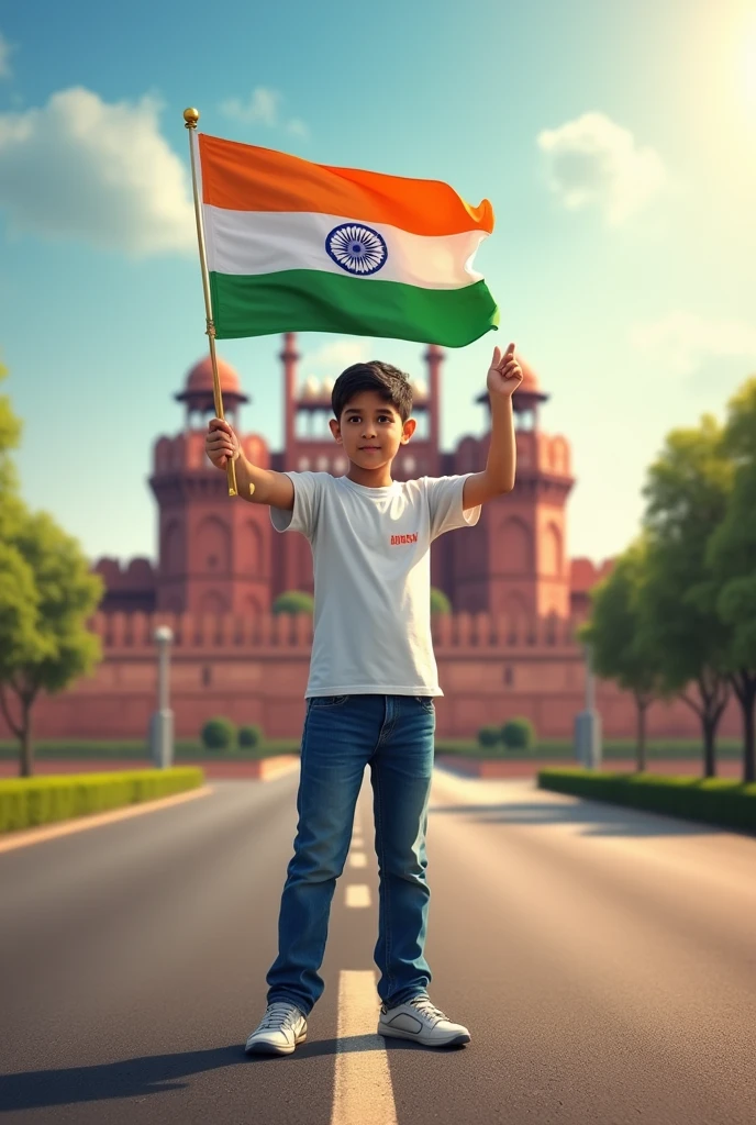 Generate a Realistic  boy, Wearing White T shirt blue jeans sneakers and the name  affan "Your Name" is written on his t-shirt and the boy is standing on the road with holding a national flag of India, and behind him is the Red Fort Delhi. And written on sky "Independence Day" Create Realistic image high quality