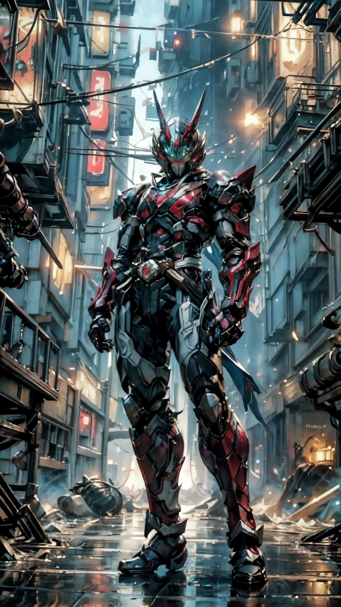 (masterpiece:1.5, best quality:1.5, extremely delicate:1.5), a man wearing a full-face helmet, a fantasy-style biotech armored combat suit, green eyes, (a composite layered chest armor), fully enclosed shoulder guards, matching arm and leg guards, belt of Neon circuit, (the color scheme is primarily blue with red and black accents), the design balances heavy with agility, a high-tech bio-mecha armor, (Armor Concept Inspired by neon Cyberpunk, stand on the top of a skyscraper in a futuristic sci-fi city), this character embodies a finely crafted fantasy-surreal style armored hero in anime style, exquisite and mature manga art style, (element, plasma, energy, the armor glows), ((male:1.5)), metallic, high definition, highres, ultra-detailed, ultra-fine painting, professional, perfect body proportions, golden ratio, anatomically correct, symmetrical face, extremely detailed eyes and face, high quality eyes, creativity, RAW photo, UHD, 32k, Natural light, cinematic lighting, masterpiece-anatomy-perfect