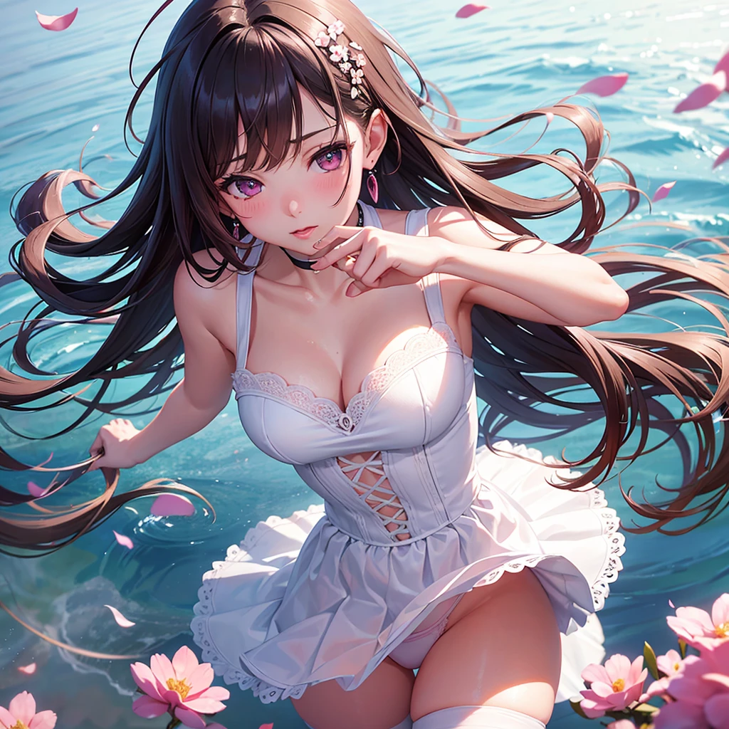 A beautiful 20 years old girl walking in a field of flowers, anime girl, wedding dress, sleeveless, skirt parted in front, white thigh highs, blue sky, rain of flowers, big round breasts, dark brown hair, long hair, wavy hair, long bangs, expressive hair, shiny hair, hairclip, aqua eyes, glowing eyes, pupils sparkling, blush, glossy lips, surprised, embarrassed, ruby earrings, detailed face, choker, windy day, lace gloves, wind lifted skirt, skirt lifting, pink lace white panties, good lighting, perfect body, whole body, anime CG style, high definition, natural light, high detail, anime, dithering, image fill, perspective, Wide-Angle, f/1.8, 85mm, Sony FE GM, 8k, 8k wallpaper, super detail, highly detailed CG, UHD, retina, masterpiece, accurate, anatomically correct, textured skin, highres, best quality:1.3, 16k