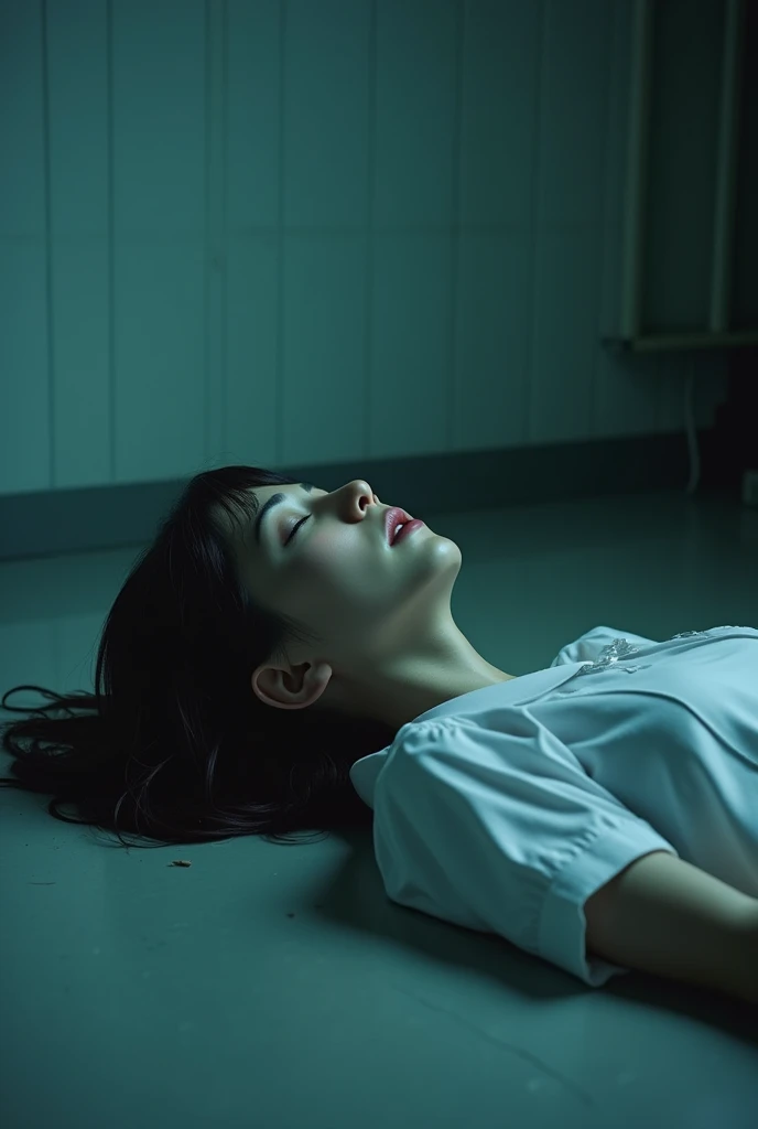 (photorealistic), a realistic and haunting image of a (dramatic) corpse, featuring a korean nurse laying down on floor of the hospital setting,wearing a korean nurse uniform, expressing a sense of tragedy. Her eyes are rolled back, creating a chilling atmosphere. The dimly lit background enhances the somber mood, with muted colors adding depth to the scene, including subtle shadows and highlights for an ultra-detailed presentation,full body photo.