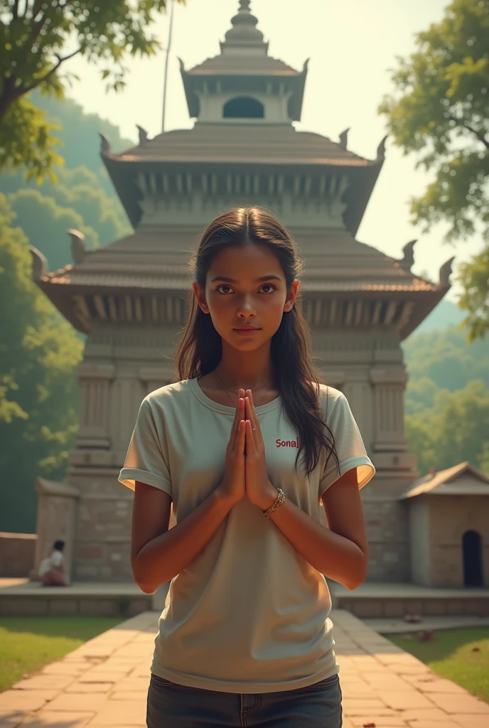 Creat image of a girl with her name sonali on her tshirt praying infront of mahadev pind
