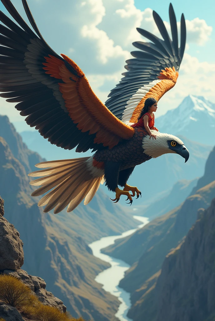 Beautiful multi-colored Andean Condor ridden by its guide, a 7-year-old girl with big eyes and long braided hair, They fly over a vast river
