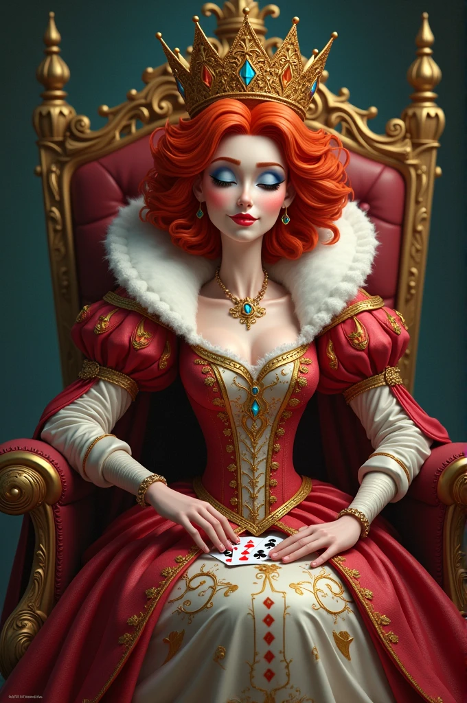 （red curly hair），Queen，Queen服饰，Caring employee holding hands，red lipstick，(red queen，迪士尼knave)，Big head，pale skin，knave，sit on the throne，Accessories，poker，Blue eyeshadow
