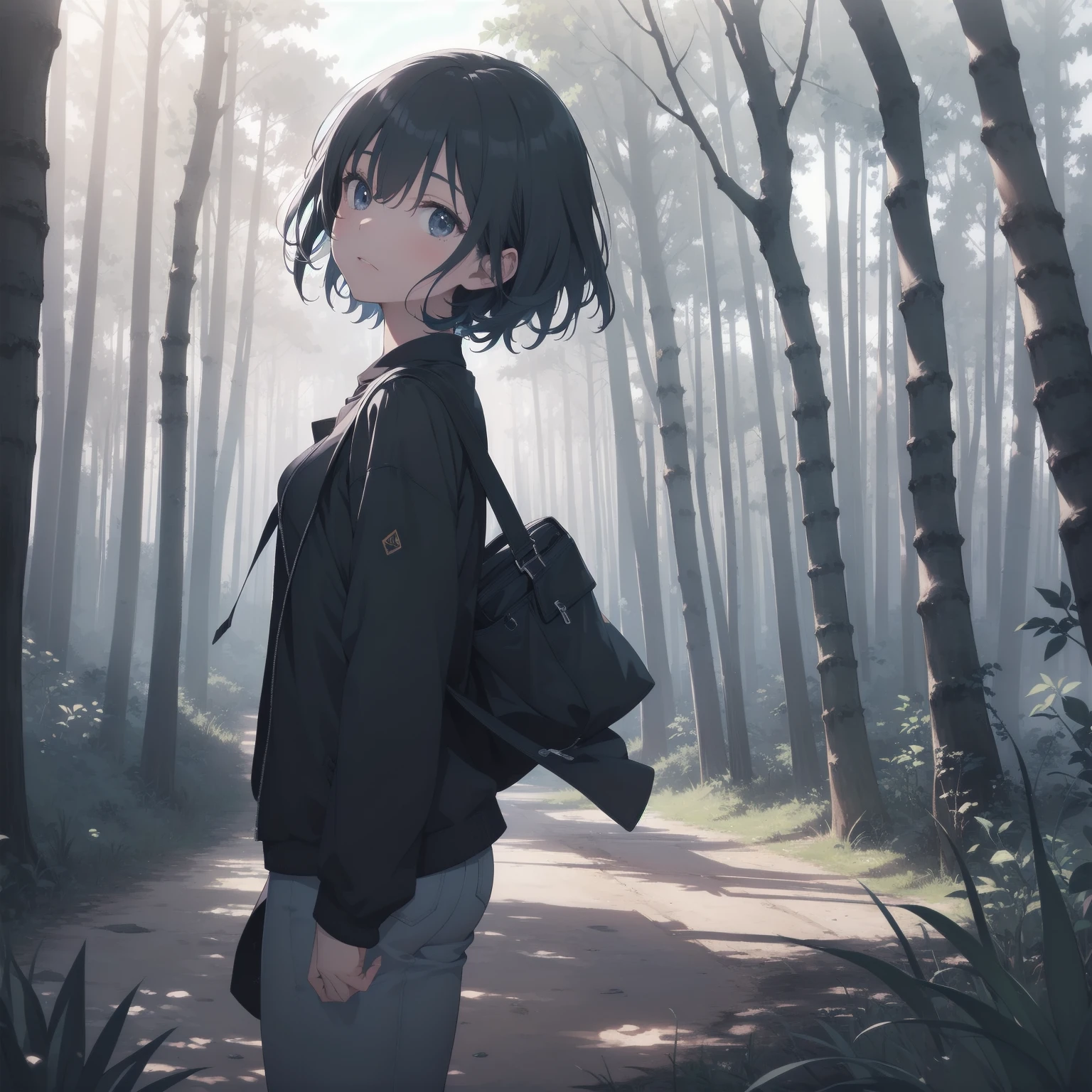 ultra-absurdres-Top quality by artist God, ultra-detailed, high resolution, anime moe artstyle, best anime 8k konachan wallpaper, pixiv contest winner, pool:2810, perfect anatomy,break, 1girl, ninja, (Please draw a ninja girl walking sleepily to forest alone. )break,(Solo,little female, 10-year-old:1.3),Full limbs, complete fingers,(very short hair), short cut, flat chest, , small butt, small black eyes, beautiful detailed eyes, well-proportioned iris and pupils, expressive eyes, highres detailed hair, soft expression, shorts,(Detailed Lighting), (Detailed background), night, in the forest. break,super detailed skin, Best cinematic lighting powered by famous artist, 8k,beauty illustration,photoshop_(medium),very aesthetic,break,((artist:ishikei )), artist:clamp ,artist:carnelian ,artist:kantoku ,