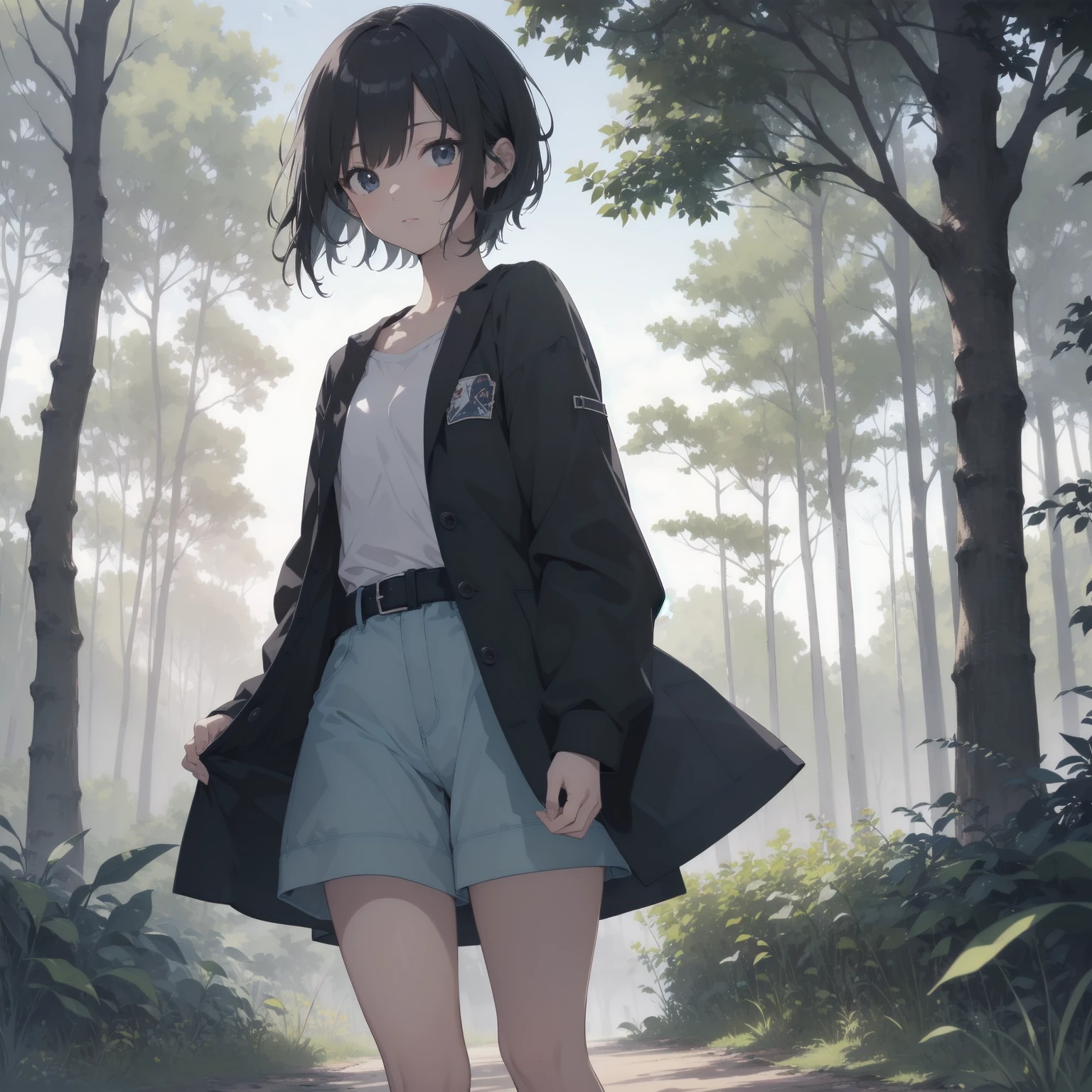 ultra-absurdres-Top quality by artist God, ultra-detailed, high resolution, anime moe artstyle, best anime 8k konachan wallpaper, pixiv contest winner, pool:2810, perfect anatomy,break, 1girl, ninja, (Please draw a ninja girl walking sleepily to forest alone. )break,(Solo,little female, 10-year-old:1.3),Full limbs, complete fingers,(very short hair), short cut, flat chest, , small butt, small black eyes, beautiful detailed eyes, well-proportioned iris and pupils, expressive eyes, highres detailed hair, soft expression, shorts,(Detailed Lighting), (Detailed background), night, in the forest. break,super detailed skin, Best cinematic lighting powered by famous artist, 8k,beauty illustration,photoshop_(medium),very aesthetic,break,((artist:ishikei )), artist:clamp ,artist:carnelian ,artist:kantoku ,
