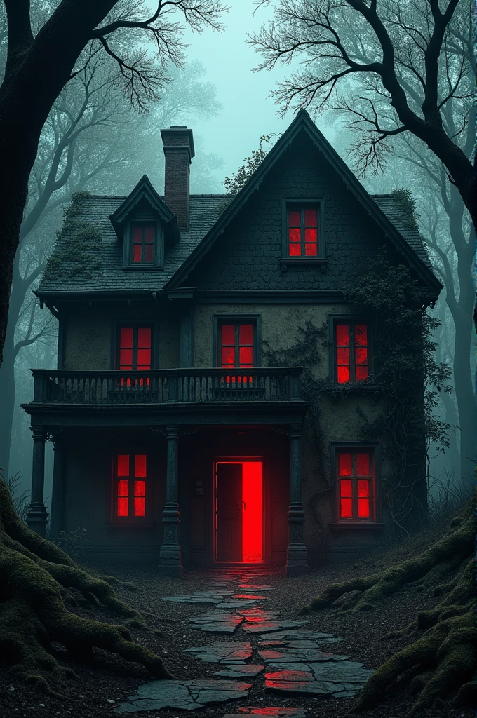 An old, crumbling mansion deep in the forest, with a broken roof, shattered windows, and vines creeping up the walls. A red glow emanates from the partially open door.