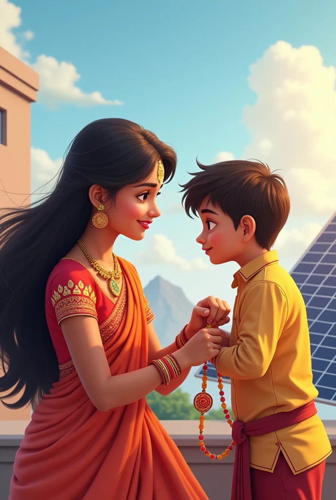 Indian Sister tying rakhi to brother on rooftop with solar panel in background