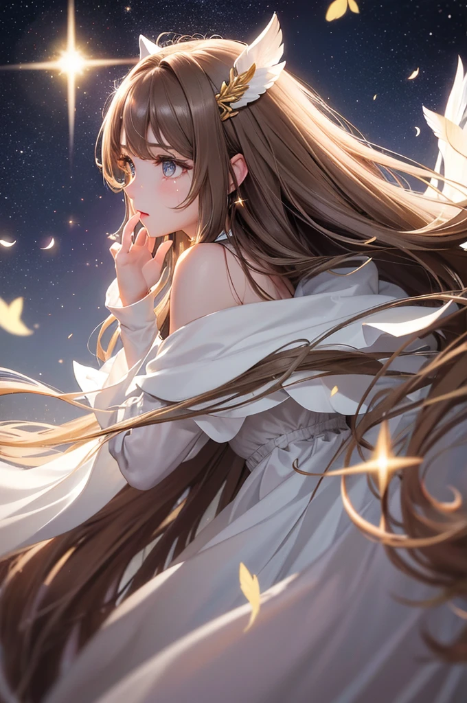 Brown Hair　long hair　Golden Eyes　　Cat Eyes　Crying Mole　Beauty　beautiful　Silver Angel　White Feather　Halo　Starry Sky