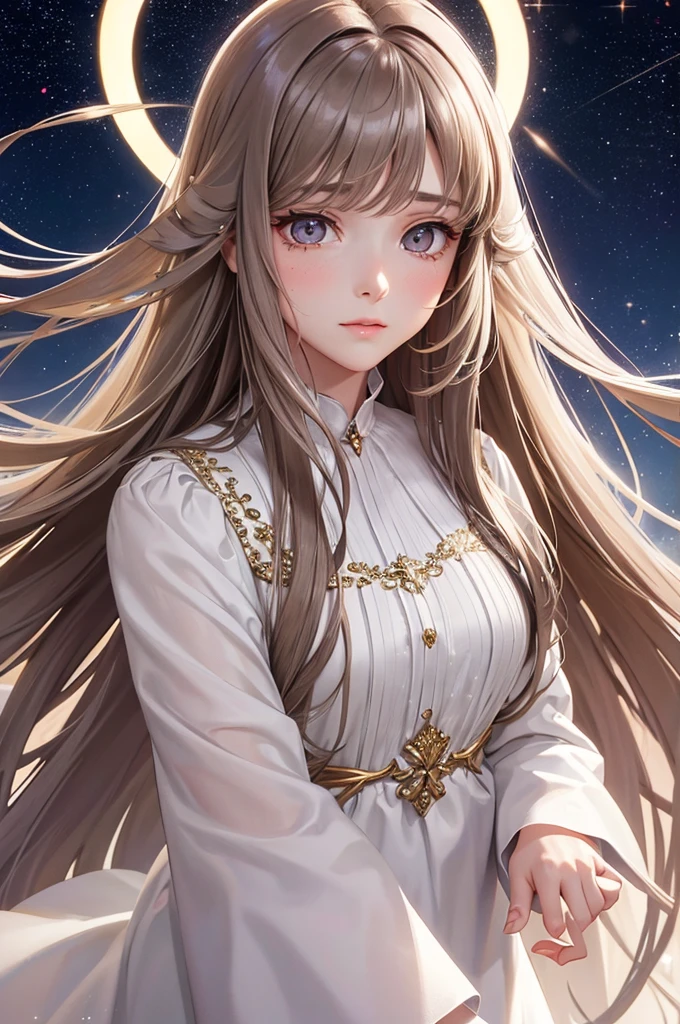 Brown Hair long hair Golden Eyes Cat Eyes Crying Mole Beauty beautiful Silver Angel White Feather Halo Starry Sky