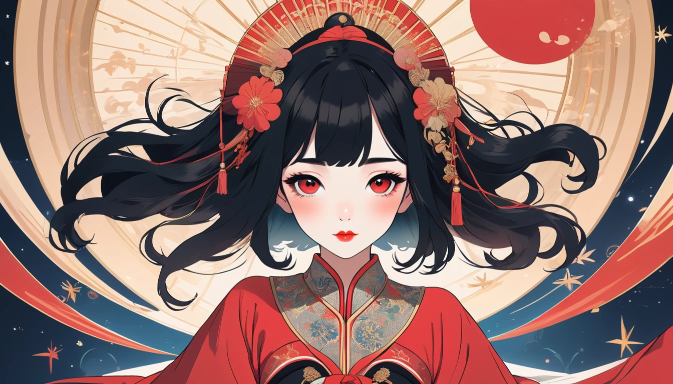 Courtesan with red makeup、Black Hair、fan、Wide-angle lens, Lofi Anime, Lofi illustration, Aesthetic atmosphere, Lo-Fi Style, Vector art, Flat Design, Simple shape, Warm tones, Pleasant atmosphere, Chill, In anime style, Digital drawing, Vector art, Vector logo for t-shirt printing, (Adorable:1.5), (small:1.4), (Playful:1.2), (soft:1.3), (Whimsical:1.1), masterpiece, Highest quality, 8k, Intricate details, grow, Celestial, Mysterious, Picturesque, amazing, Majestic, Magic, Fantasy art, Cover art, dream-like
