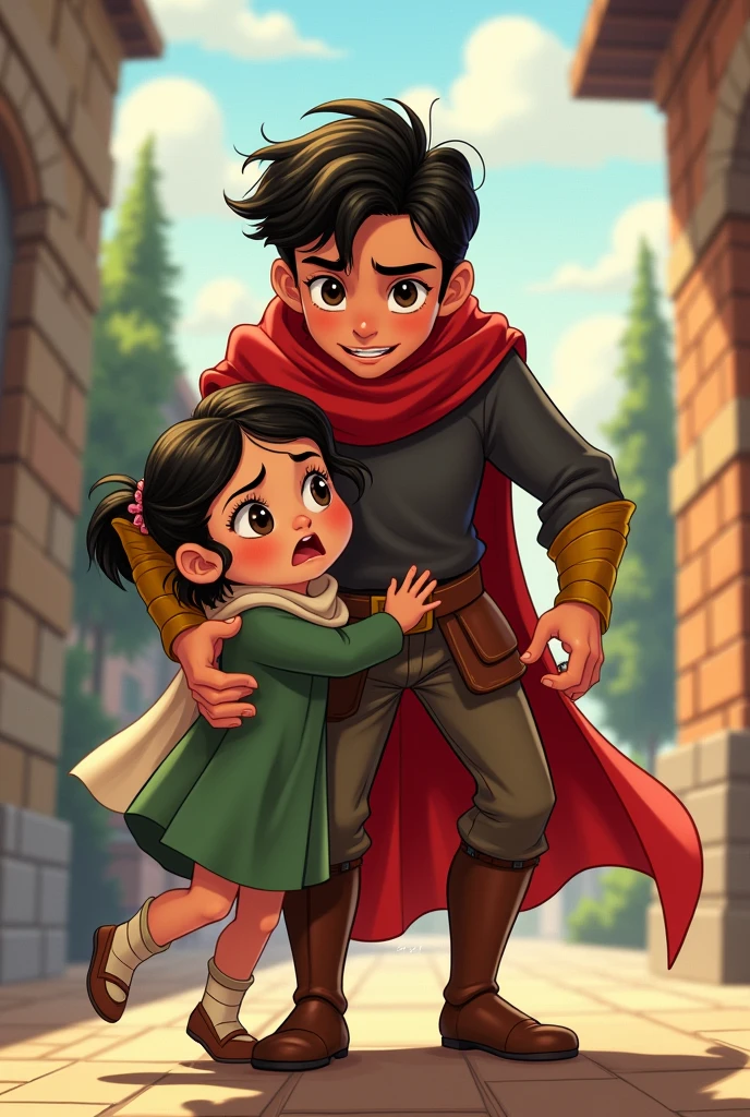 Illustrate young girl Maryam’s fear as she hides behind young boy Ali, who stands protectively in front in Disney cartoon form
