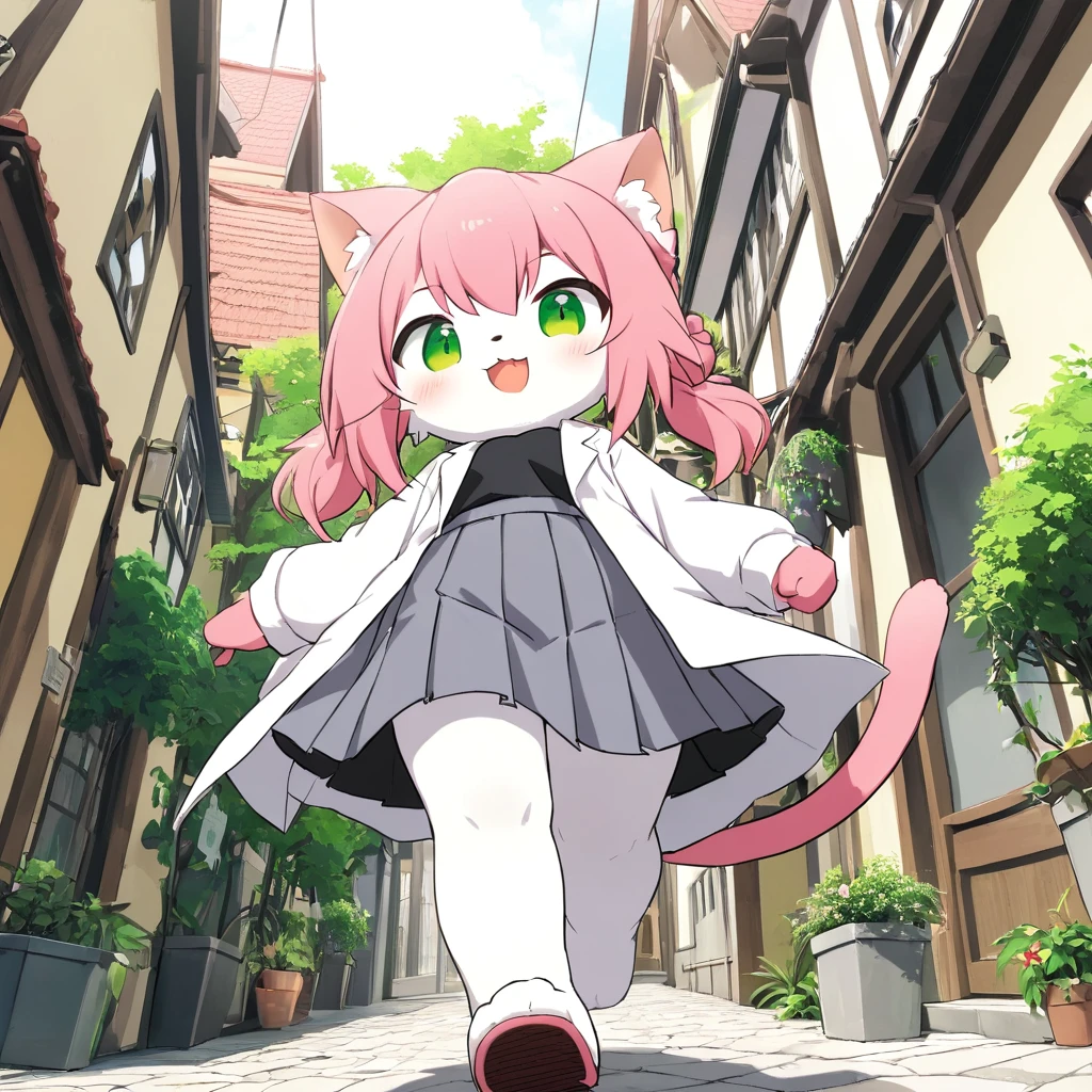 score_9, score_8_up, score_7_up, score_6_up, source_anime,source_furry,rating_questionable,masterpiece, best quality, perfect anatomy , very aesthetic , absurdres ,solo,1girl\(cute,smile,standing,furry,kemono,cute dress\),at town,plants,isometric view,walk,look at ground,(from below:1.5),(ground level shot:1.5),(from directly below:1.5),long shot,wide shot,(chibi:0.1),neko_hakase,pink hair,full body,pigtail,tail,two_hands,cat pad,two_black_feets,white_clothing,skirt,grey_skirt