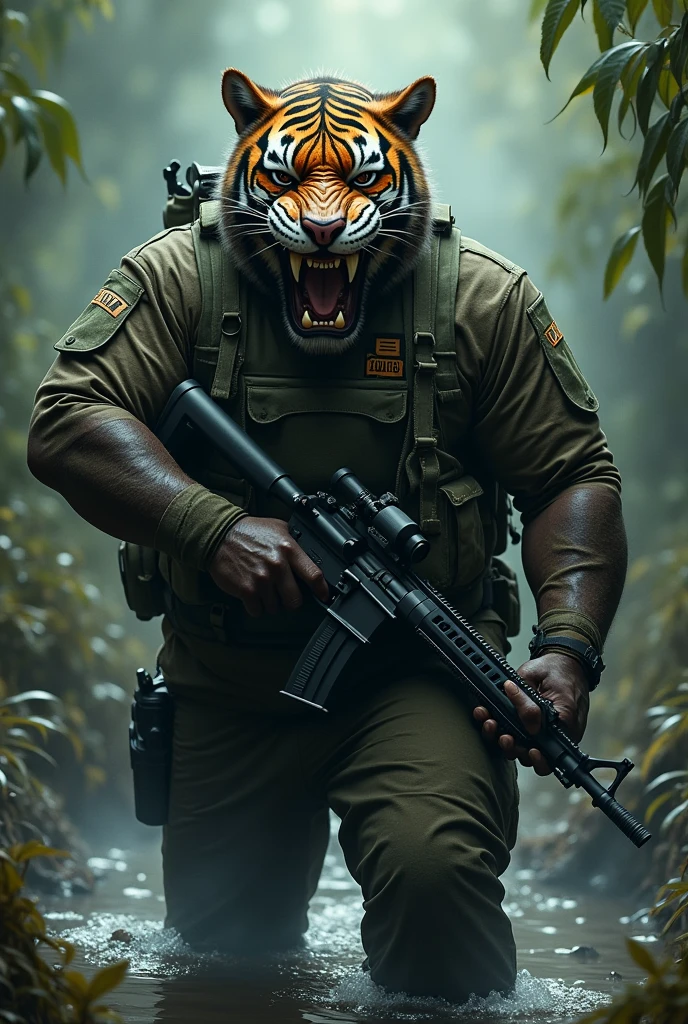 (a dark-skinned fat muscular old man in camouflage diver suit) carrying a gun in right hand, (wearing realistic roaring tiger mask), dynamic action pose, fierce expression, showcasing an imposing stature, surrounded by military elements, dramatic shadows and intense highlights, cinematic color tones, high detail, powerful, art influenced by Bruce Onobrakpeya and Stanley Artgerm, ultra-detailed, best quality image, action-packed atmosphere. fighting stance. patrolling in a swamp