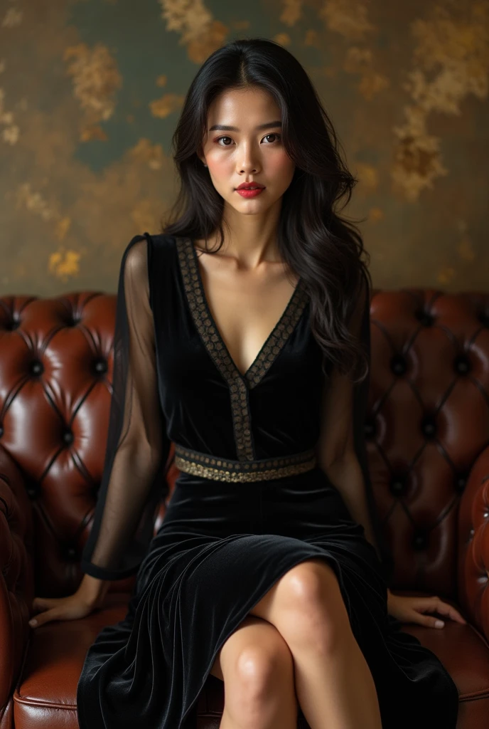 A girl wearing a black velvet skirt，Asian women，Sit on a leather sofa，Cross your legs，Beautiful and elegant，Realism，Retro